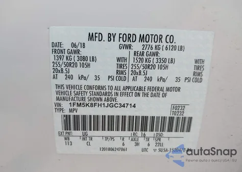 2018 Ford Explorer Limited z USA, uszkodzony, nr VIN 1FM5K8FH1JGC34714